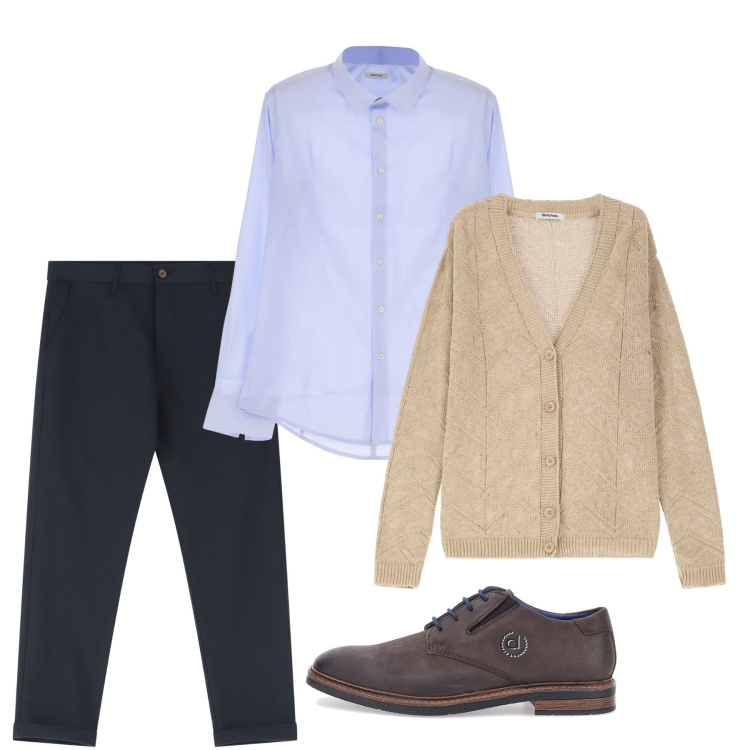 Outfit uomo - Andiamo sul classico. Stile Casual per Tutti i giorni. Abbinamento con pantaloni chino, cardigans, camicie, scarpe stringate.