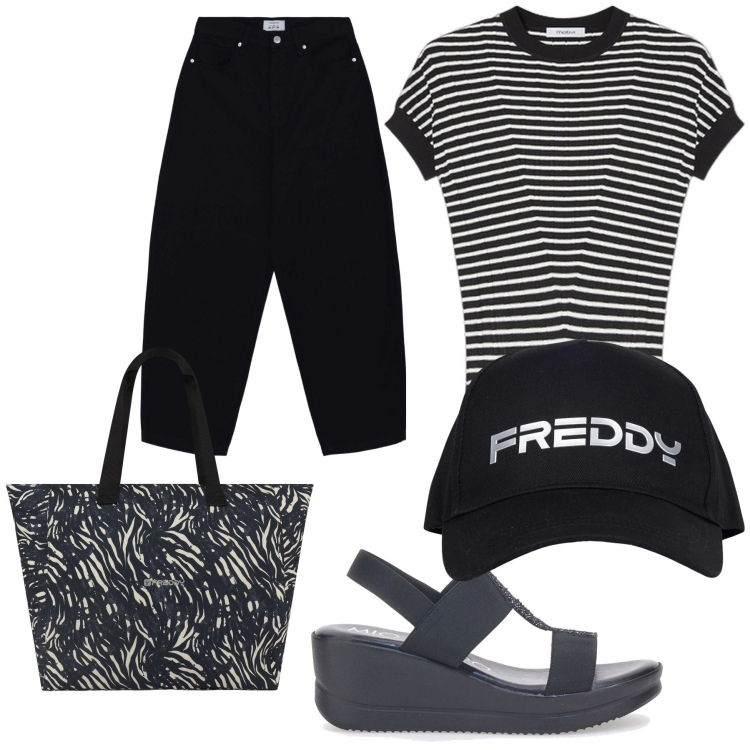 Outfit donna - Mare black and white. Stile Sporty chic per Mare. Abbinamento con pantaloni, cappelli, shopping bag, sandali, maglieria.