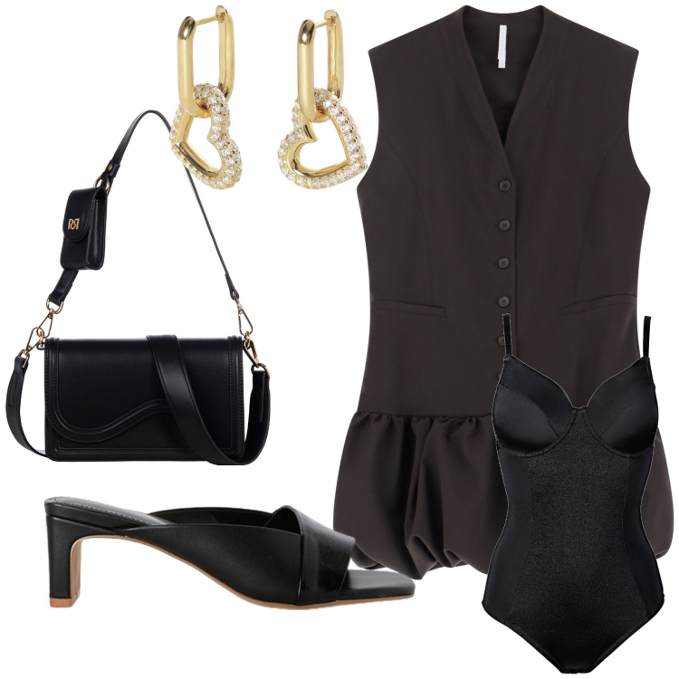 Outfit donna - Il cuore per lui. Stile Glamour per Serata fuori. Abbinamento con body, orecchini, pochette, vestiti corti, sabot.