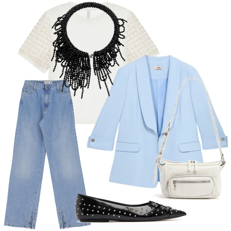 Outfit donna - Le mie irrinunciabili collane. Stile Minimal per Serata fuori. Abbinamento con t-shirt, jeans, collane, borse a spalla, blazer, ballerine.