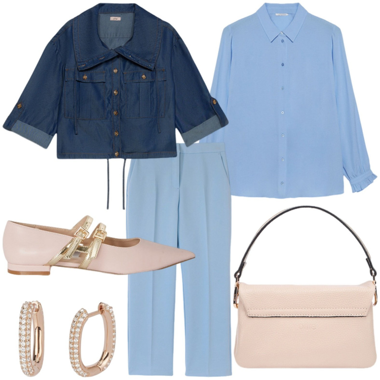 Outfit donna - Emozioni d\'azzurro. Stile Glamour per Tutti i giorni. Abbinamento con orecchini, camicie, blazer, borse a tracolla, ballerine, pantaloni.