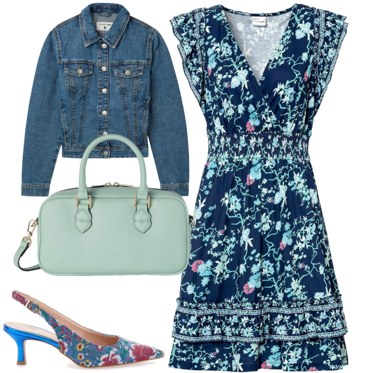 Outfit donna - Con amici tutta colorata e fiorita. Stile Romantica per Tutti i giorni. Abbinamento con vestiti, blazer, décolleté, borse a mano.