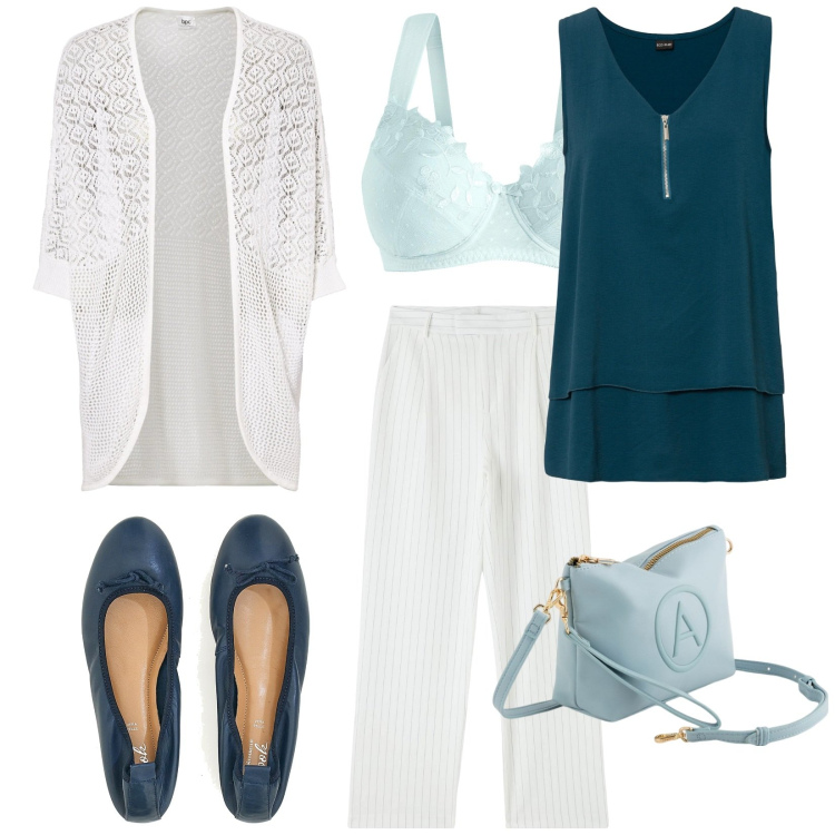 Outfit donna - Total look #2099989. Stile Trendy per Tutti i giorni. Abbinamento con top, cardigans, reggiseni, pantaloni, ballerine, valigie.