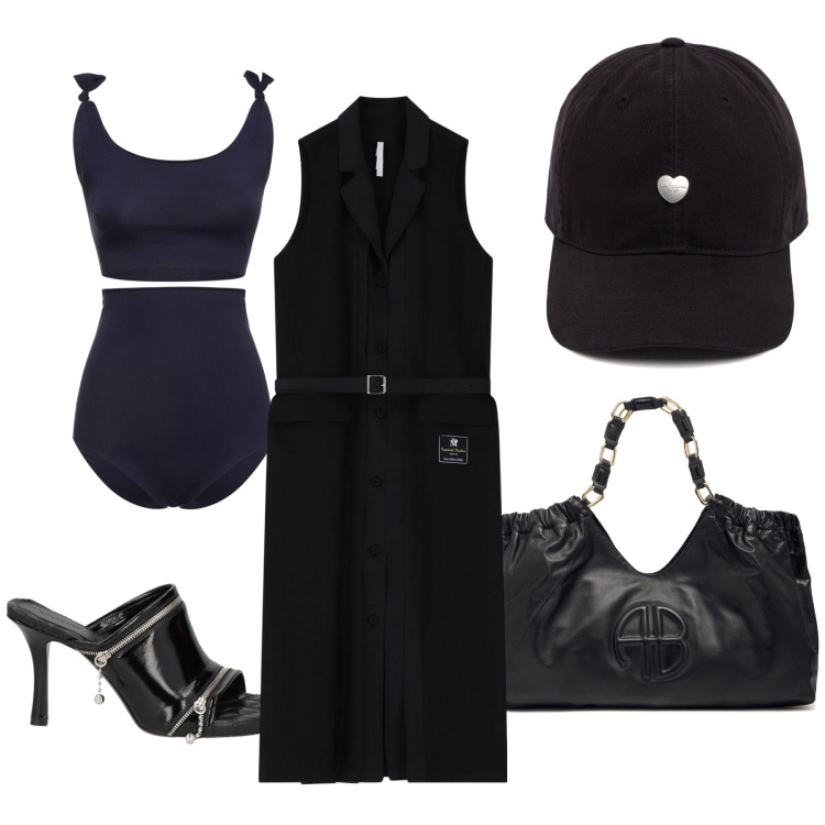 Outfit donna - Black and loved sea. Stile Glamour per Mare. Abbinamento con sandali in pelle, vestiti chemisier, shopping bag, bikini, cappelli.
