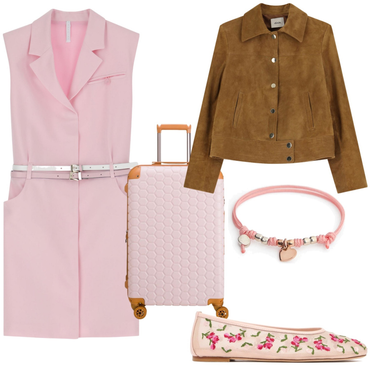 Outfit donna - Con lui fuori qualche giorno. Stile Romantica per Tutti i giorni. Abbinamento con vestiti corti, giacche, braccialetti, valigie, ballerine.