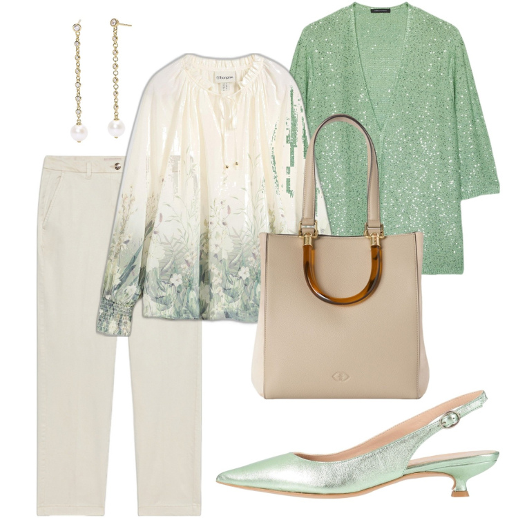 Outfit donna - Chic in verde. Stile Casual chic per Serata fuori. Abbinamento con bluse, décolleté, orecchini, cardigans, shopping bag, pantaloni.