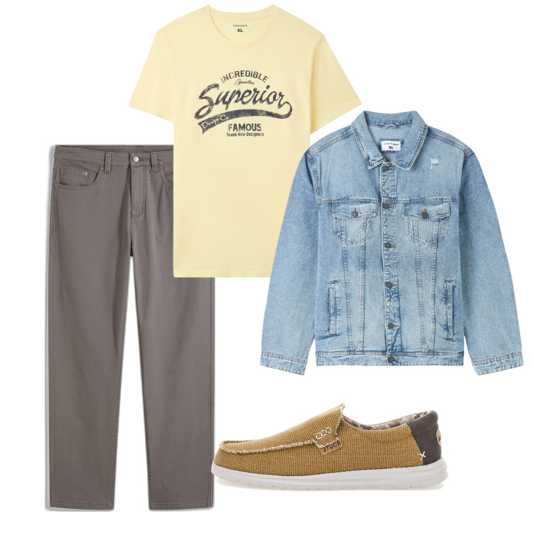 Outfit uomo - Aprile. Stile Casual per Tutti i giorni. Abbinamento con pantaloni, giacche, t-shirt, scarpe stringate.