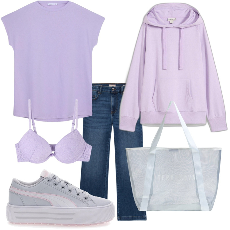 Outfit donna - Total look #2099998. Stile Urban per Tutti i giorni. Abbinamento con felpe con cappuccio, t-shirt, reggiseni, shopping bag, sneakers, jeans a zampa.