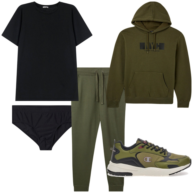 Outfit uomo - Total look #2100000. Stile Casual per Tutti i giorni. Abbinamento con costumi, felpe con cappuccio, pantaloni, t-shirt, sneakers.