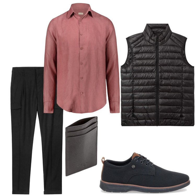 Outfit uomo - Total look #2100011. Stile Trendy per Tutti i giorni. Abbinamento con piumini, scarpe stringate, pantaloni cargo, camicie, portafogli.