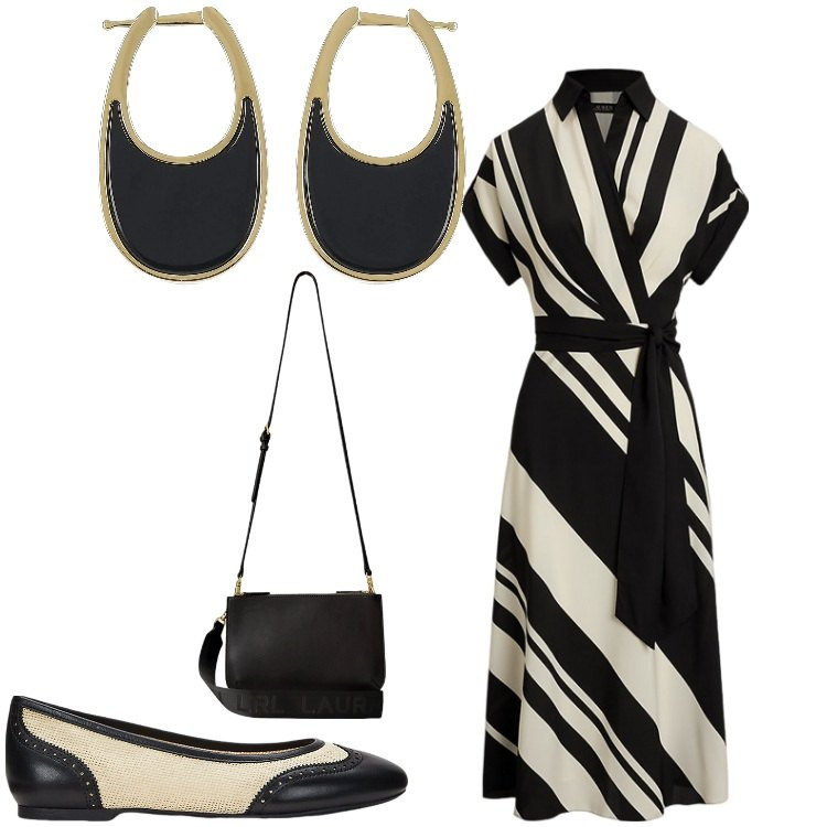 Outfit donna - Basta un vestito. Stile Bon Ton per Serata fuori. Abbinamento con borse a tracolla, vestiti, ballerine, orecchini.
