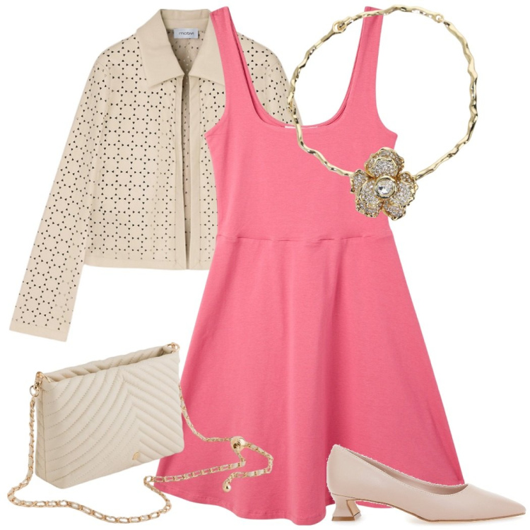 Outfit donna - Cerimonie in primavera. Stile Chic per Cerimonia. Abbinamento con vestiti corti, collane, décolleté, blazer, borse a tracolla.