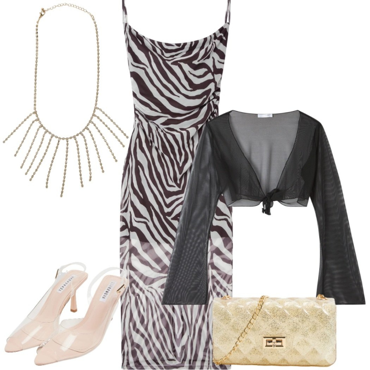 Outfit donna - Serate glam. Stile Glamour per Serata fuori. Abbinamento con vestiti lunghi, sandali col tacco, borse a tracolla, bolero, collane.