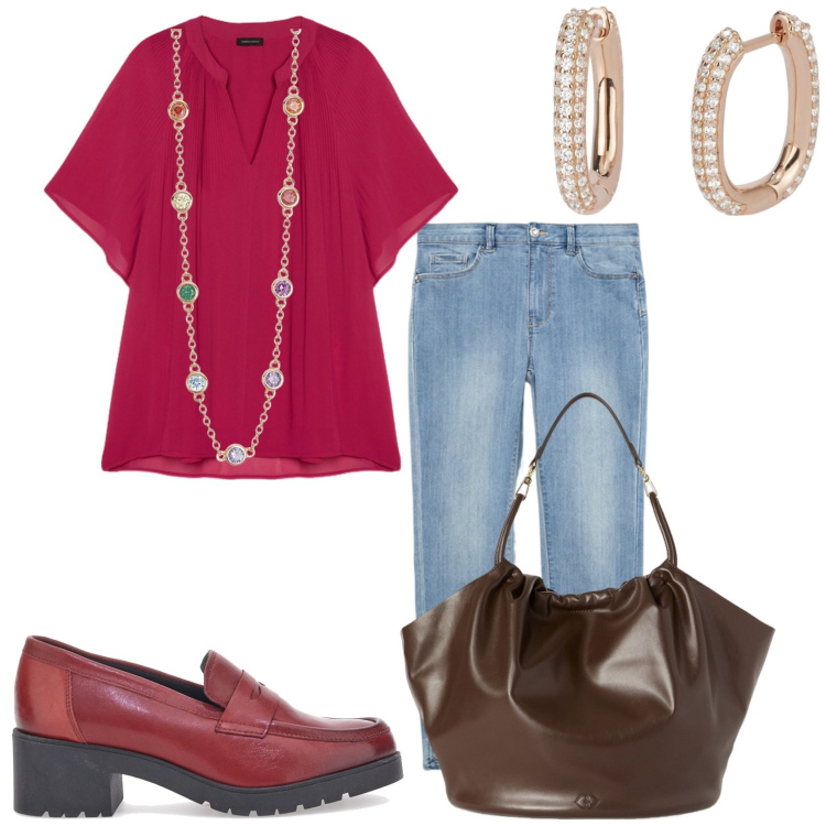 Outfit donna - La primavera. Stile Casual chic per Tutti i giorni. Abbinamento con orecchini, collane, bluse, mocassini, jeans, borse a secchiello.