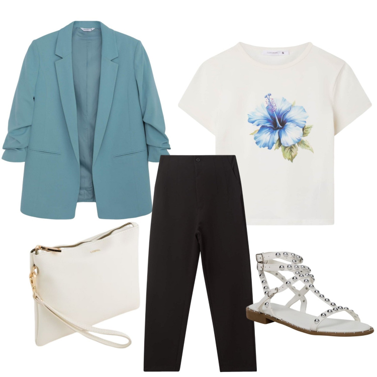 Outfit donna - Battesimo nipote. Stile Casual per Cerimonia. Abbinamento con t-shirt, blazer, pantaloni chino, sandali, pochette.