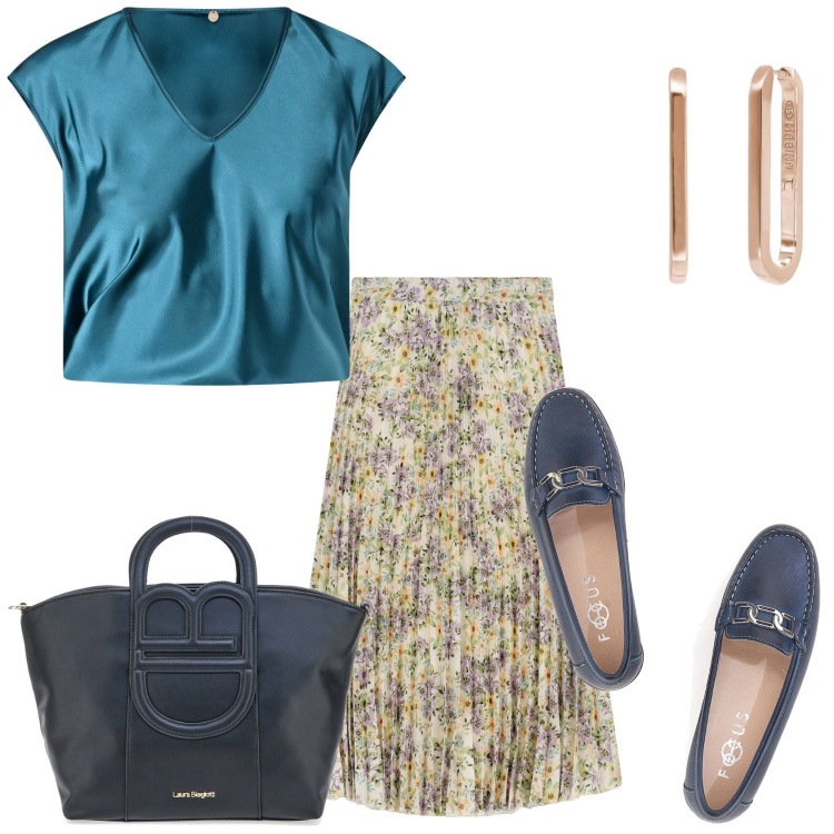 Outfit donna - Gonna lunga. Stile Glamour per Tutti i giorni. Abbinamento con orecchini, bluse, gonne lunghe, mocassini, borse a tracolla.
