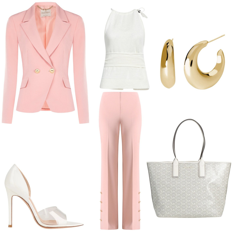Outfit donna - Pink. Stile Chic per Ufficio. Abbinamento con borse a mano, top, décolleté, pantaloni a palazzo, blazer, orecchini.