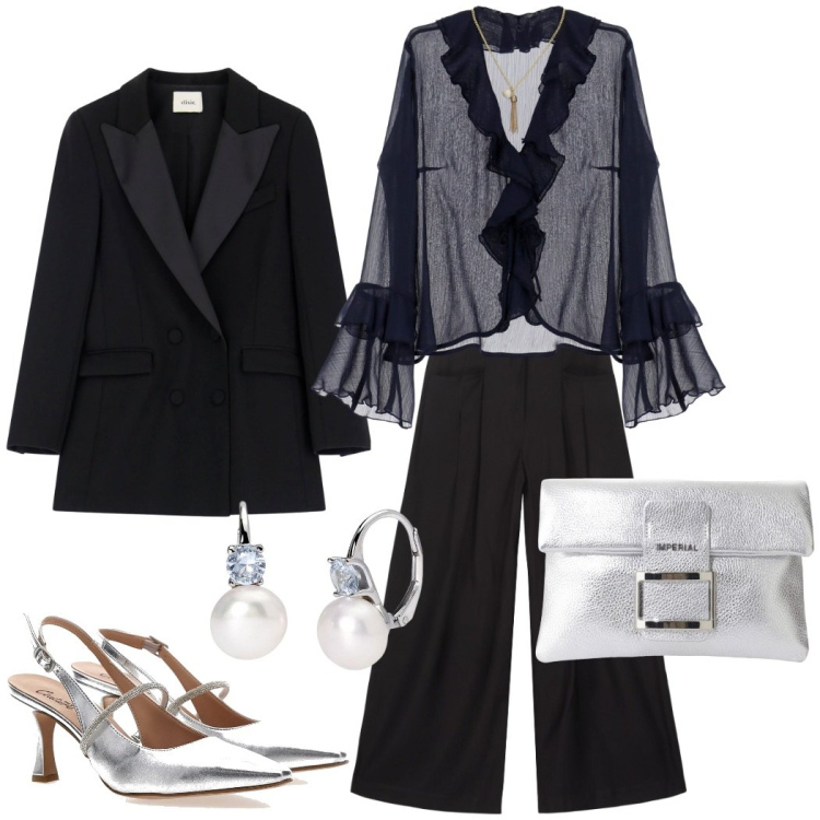 Outfit donna - Evento glamour. Stile Glamour per Serata fuori. Abbinamento con orecchini, bluse, pochette, blazer, pantaloni, décolleté.