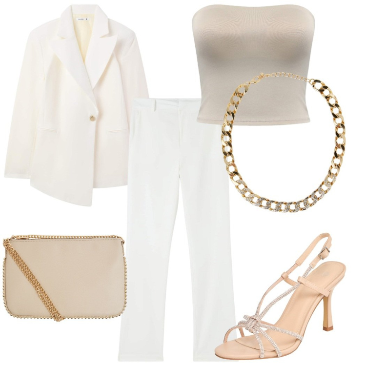 Outfit donna - Tono su tono. Stile Chic per Serata fuori. Abbinamento con blazer, borse a tracolla, collane, pantaloni, top, sandali col tacco.