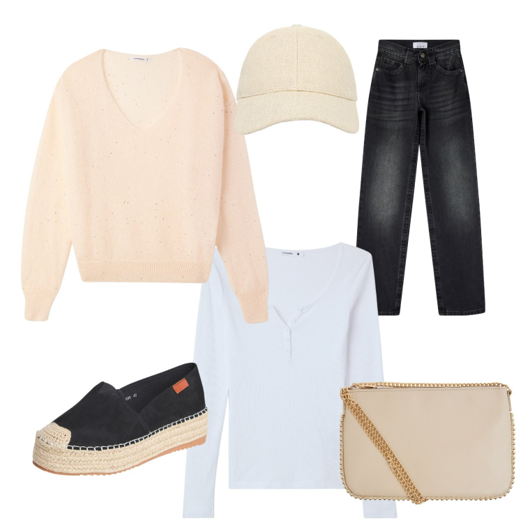 Outfit donna - Casual solare. Stile Casual chic per Tutti i giorni. Abbinamento con borse a tracolla, cappelli con visiera, t-shirt, espadrillas, jeans, maglieria.