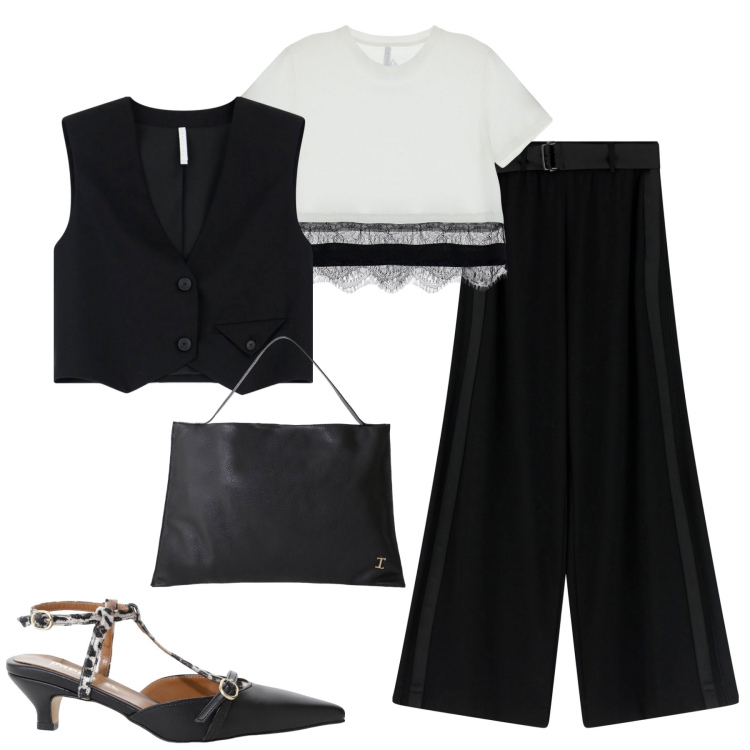 Outfit donna - Simply black and White. Stile Casual chic per Tutti i giorni. Abbinamento con décolleté, borse a spalla, t-shirt, pantaloni, gilet.
