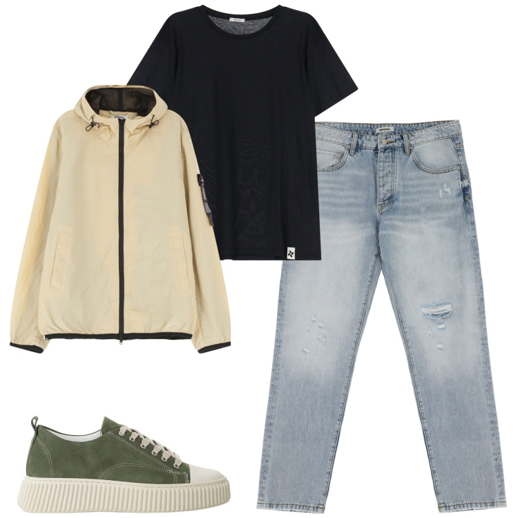 Outfit uomo - Total look #2100066. Stile Casual per Tutti i giorni. Abbinamento con sneakers, giacche, jeans strappati, t-shirt.