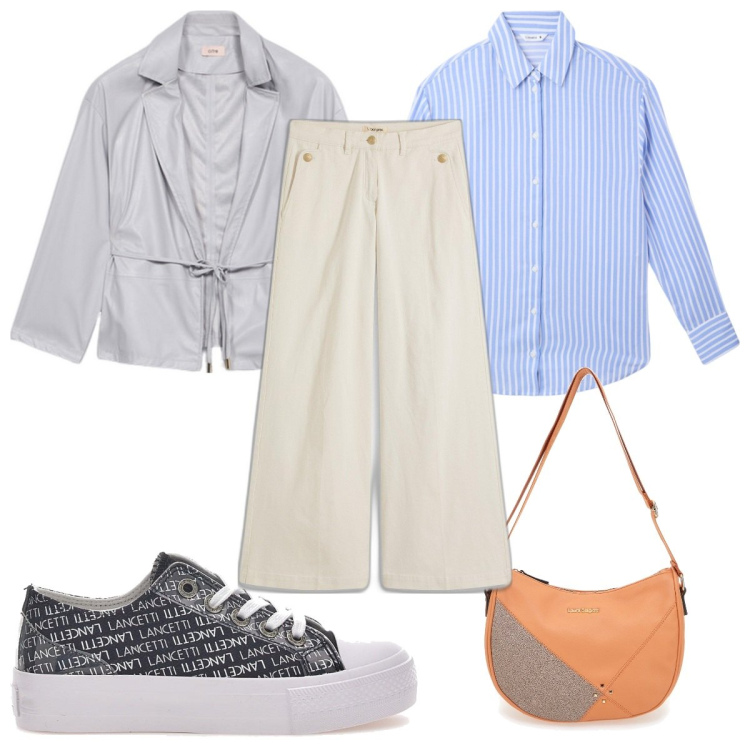 Outfit donna - Total look #2100068. Stile Casual chic per Tutti i giorni. Abbinamento con pantaloni, camicie, borse a tracolla, sneakers, blazer.