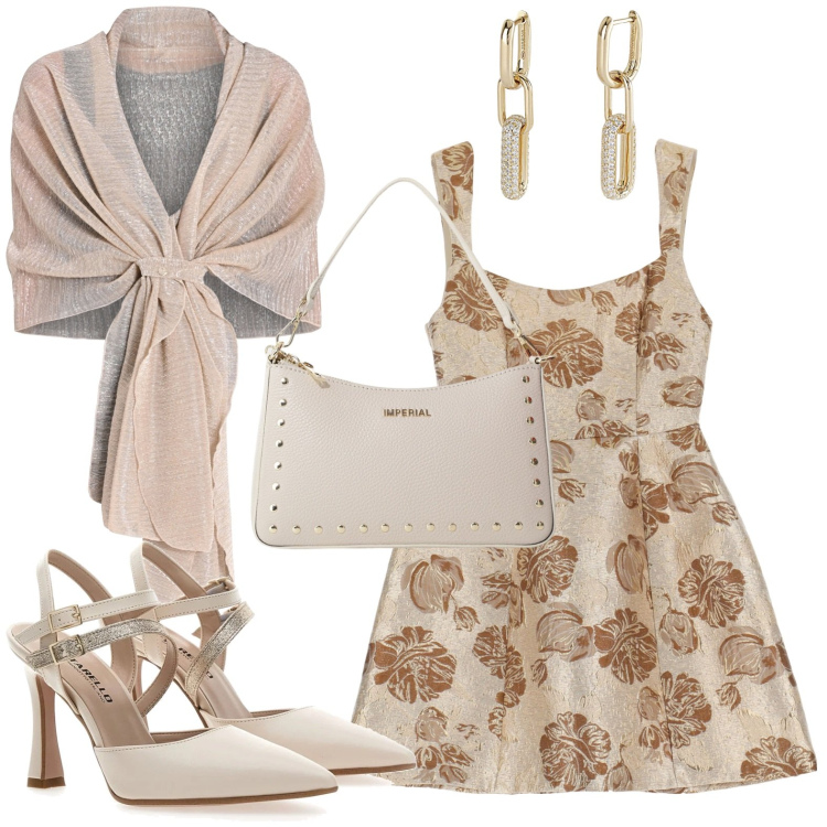 Outfit donna - Stampe floreali rivisitate. Stile Chic per Serata fuori. Abbinamento con orecchini, stole, vestiti corti, borse a spalla, décolleté.