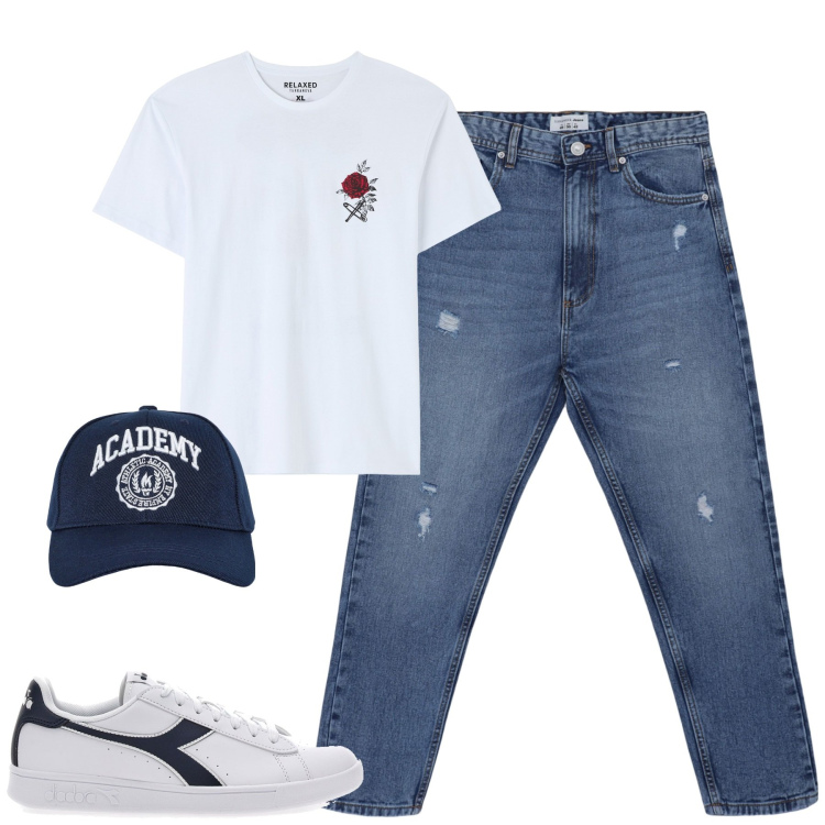 Outfit uomo - City. Stile Casual per Tutti i giorni. Abbinamento con t-shirt, jeans strappati, cappelli con visiera, sneakers.