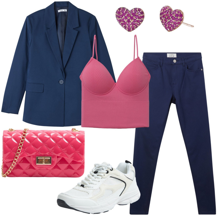 Outfit donna - Terranova - Occasioni speciali. Stile Casual per Serata fuori. Abbinamento con top, borse a tracolla, pantaloni, blazer, sneakers, orecchini.