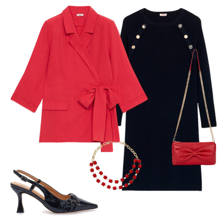 Outfit donna - Serata fuori. Stile Chic per Serata fuori. Abbinamento con collane, décolleté, blazer, vestiti, borse a tracolla.
