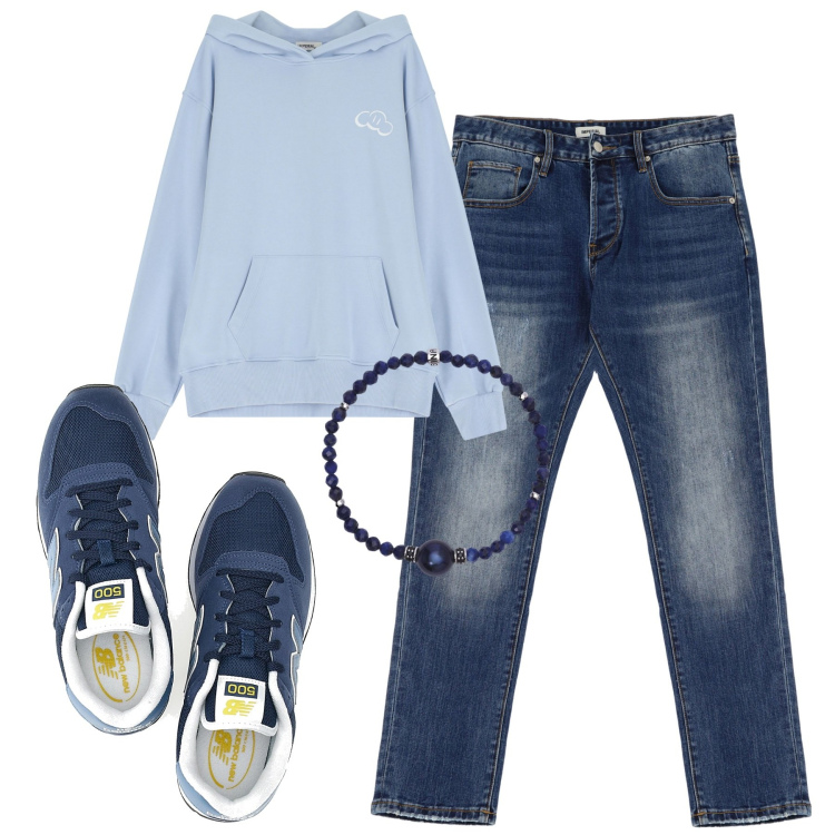 Outfit uomo - Aprile. Stile Casual per Tutti i giorni. Abbinamento con braccialetti, felpe con cappuccio, jeans dritti, sneakers.