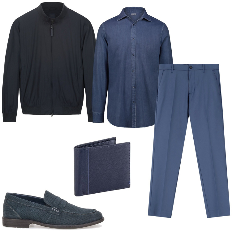 Outfit uomo - Bomber leggero. Stile Casual per Ufficio. Abbinamento con pantaloni, scarpe stringate, camicie, bomber, portafogli.