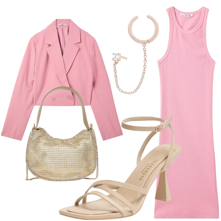 Outfit donna - Terranova - Occasioni speciali. Stile Chic per Serata fuori. Abbinamento con vestiti corti, blazer, sandali col tacco, borse a spalla, orecchini.