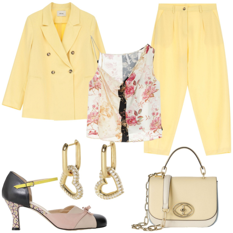 Outfit donna - Giallo burro. Stile Chic per Cerimonia. Abbinamento con orecchini, top, pantaloni, blazer, décolleté, borse a tracolla.