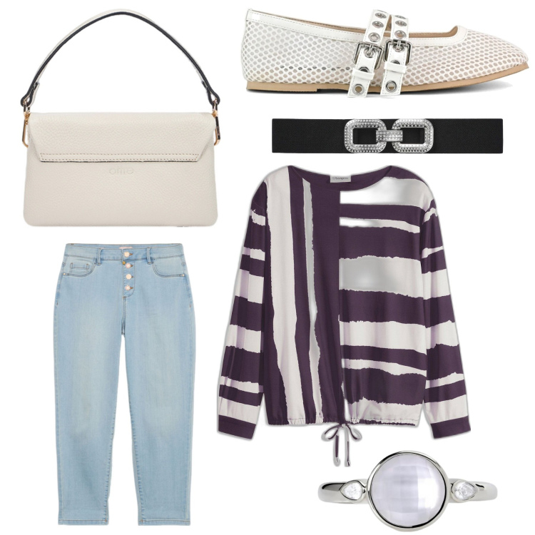 Outfit donna - Total look #2100107. Stile Casual per Tutti i giorni. Abbinamento con maglieria, cinture, anelli, ballerine, jeans, borse a tracolla.