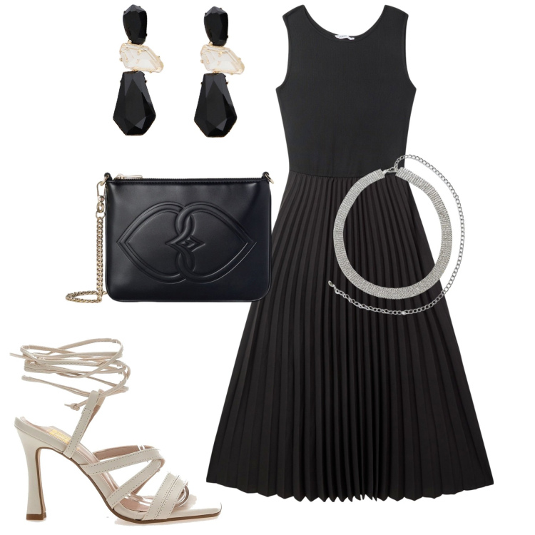 Outfit donna - Black. Stile Chic per Tutti i giorni. Abbinamento con cinture, vestiti lunghi, orecchini, sandali col tacco, pochette.