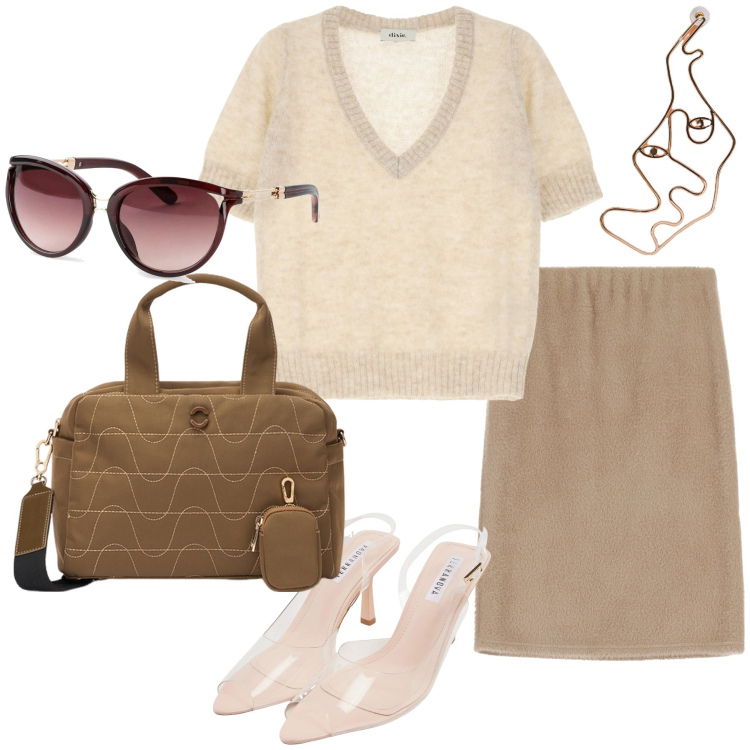 Outfit donna - La mia città. Stile Bon Ton per Tutti i giorni. Abbinamento con occhiali da sole, sandali col tacco, maglieria, gonne longuette, orecchini, borse a mano.