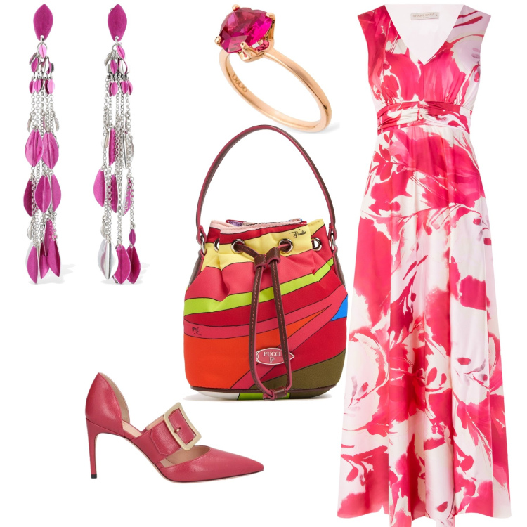 Outfit donna - Coloriamo la notte. Stile Glamour per Serata fuori. Abbinamento con décolleté, vestiti lunghi, orecchini, anelli, borse a secchiello.