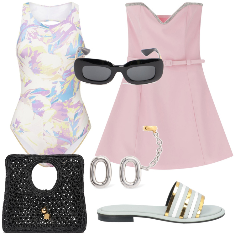 Outfit donna - In spiaggia sino all aperitivo. Stile Glamour per Mare. Abbinamento con sandali in pelle, vestiti corti, occhiali da sole, costumi interi, orecchini, shopping bag.