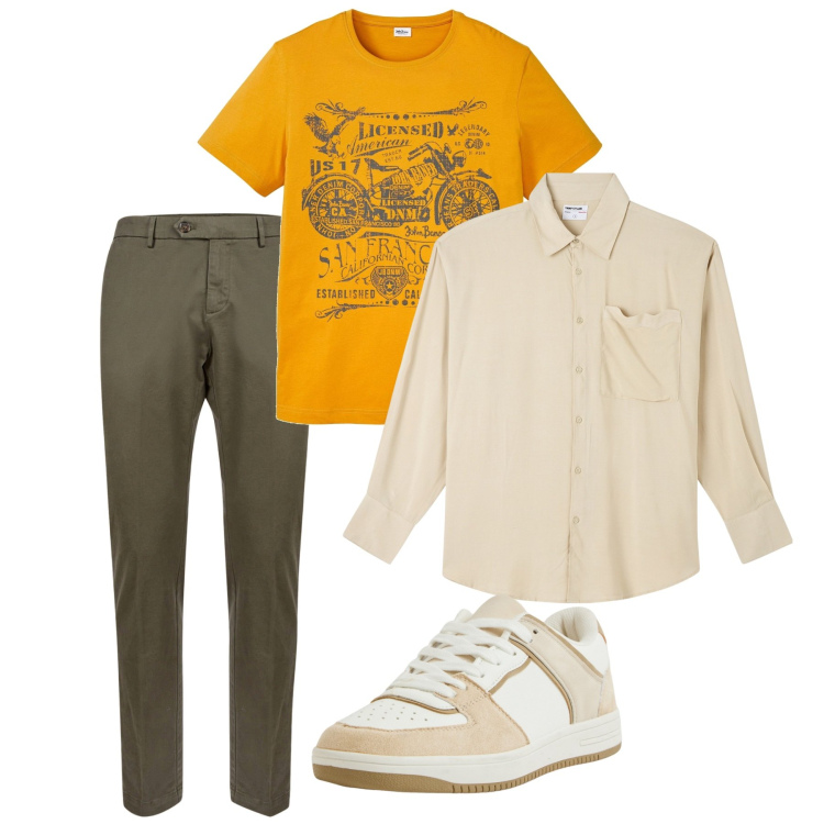 Outfit uomo - Arancio e muschio. Stile Casual per Tutti i giorni. Abbinamento con t-shirt, camicie, sneakers, pantaloni chino.