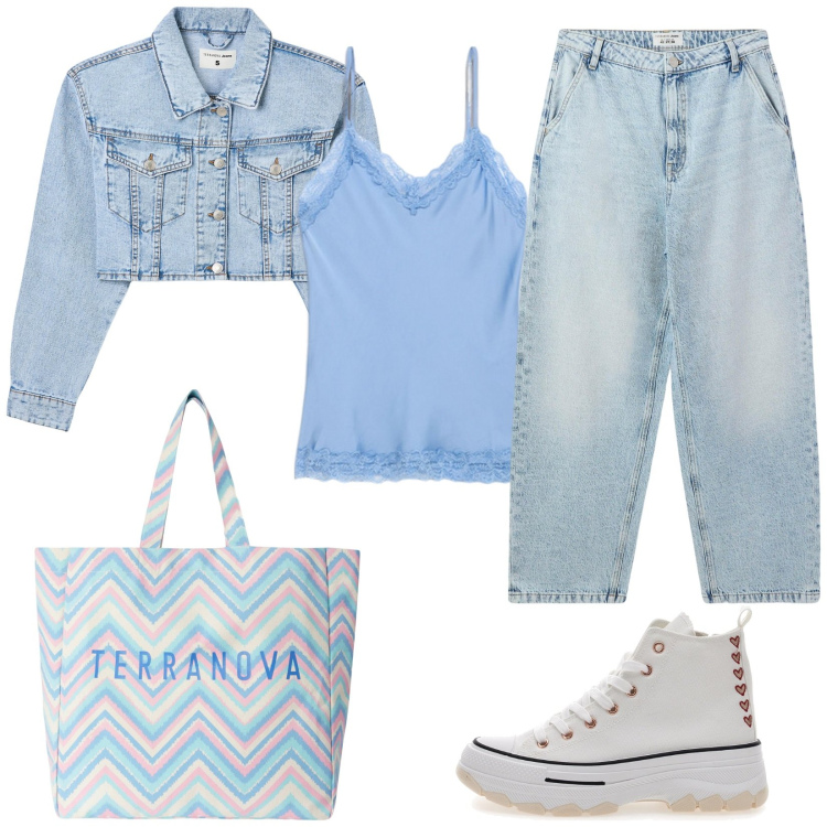 Outfit donna - Giacca crop. Stile Casual per Tutti i giorni. Abbinamento con blazer, jeans, borse tote, sneakers, top.