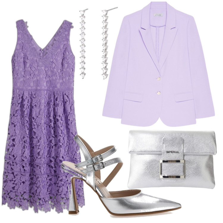 Outfit donna - La notte è viola. Stile Chic per Serata fuori. Abbinamento con vestiti, orecchini, pochette, décolleté, blazer.