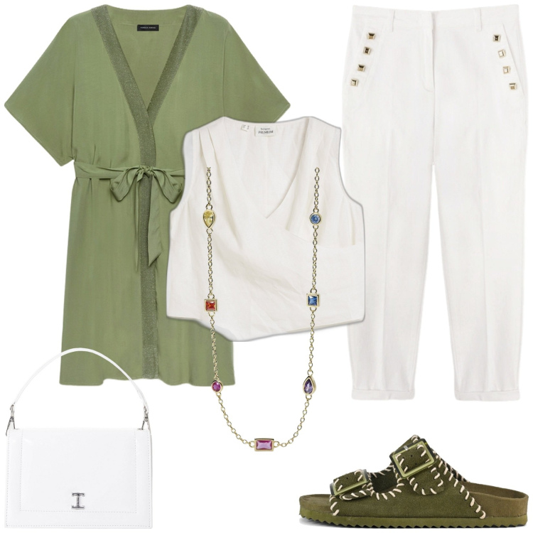 Outfit donna - Città e mare. Stile Basic per Tutti i giorni. Abbinamento con top, collane, borse a tracolla, sandali, pantaloni chino, bluse.