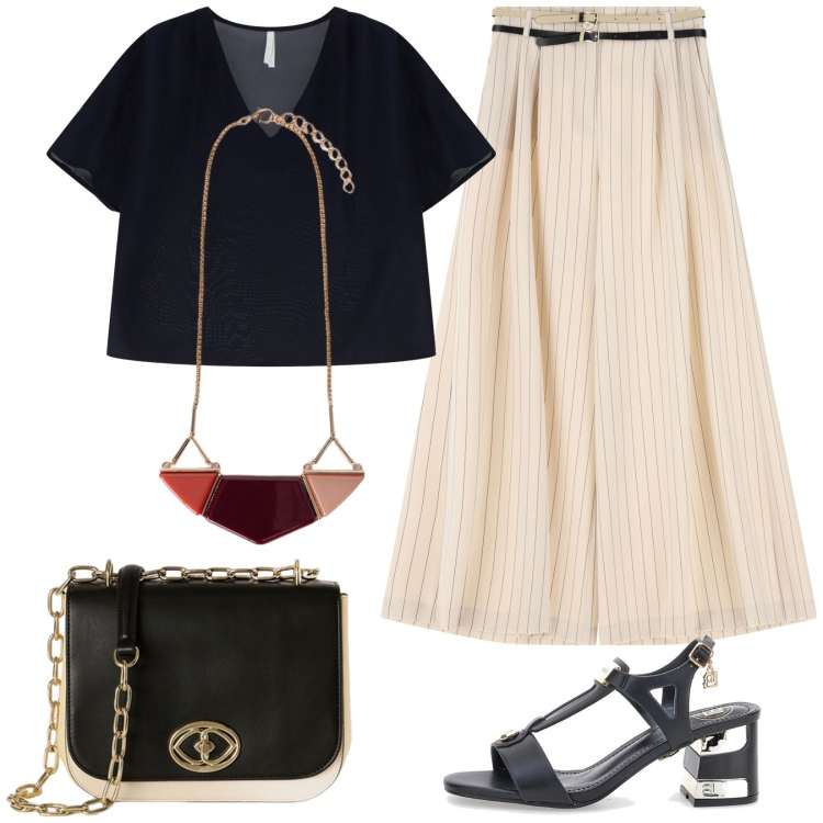 Outfit donna - Pantagonna gessato. Stile Casual chic per Tutti i giorni. Abbinamento con bluse, pantaloni a palazzo, sandali col tacco, borse a tracolla, ciondoli.