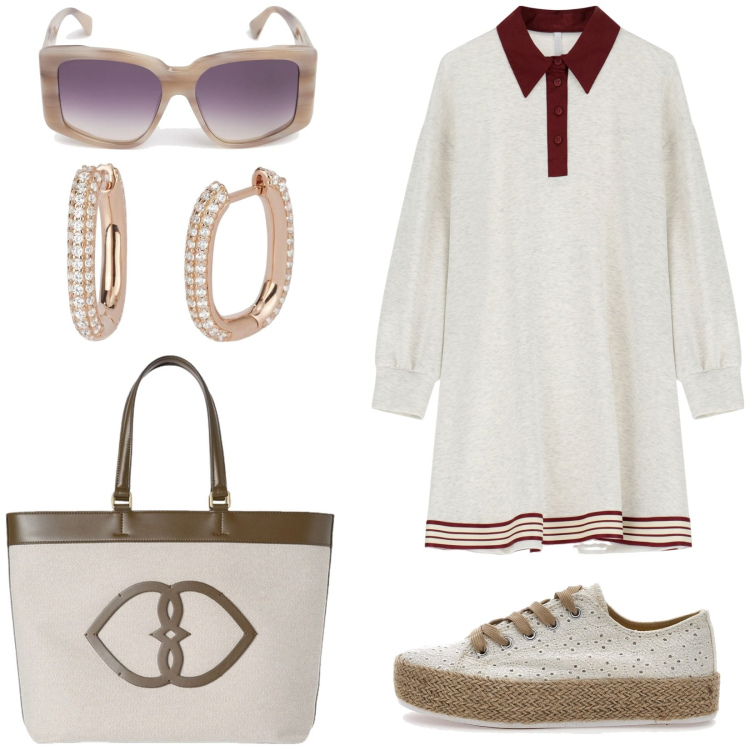 Outfit donna - Abitino comodo. Stile Casual per Tutti i giorni. Abbinamento con orecchini, vestiti corti, espadrillas, occhiali da sole, shopping bag.