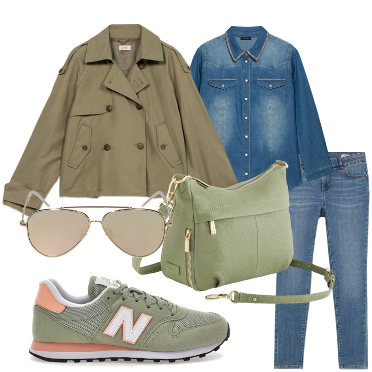 Outfit donna - Stile military. Stile Military per Tutti i giorni. Abbinamento con sneakers, camicie, trench, borse a tracolla, jeans skinny, occhiali da sole.