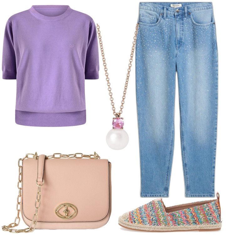 Outfit donna - Espadrillas colorate. Stile Casual per Tutti i giorni. Abbinamento con jeans mom, collane, maglieria, espadrillas, borse a tracolla.