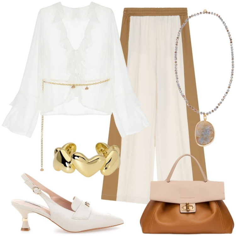 Outfit donna - Camicia boho chic e panta palazzo. Stile Boho per Serata fuori. Abbinamento con anelli, bluse, pantaloni, décolleté, ciondoli, borse a tracolla.
