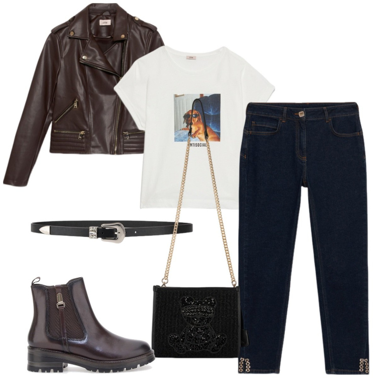 Outfit donna - Total look #2100150. Stile Rock per Tutti i giorni. Abbinamento con stivaletti chelsea, jeans skinny, blazer, borse a spalla, t-shirt, cinture.